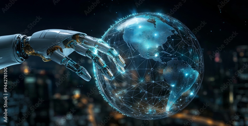 Aufkleber 3D rendering of a white robot hand using a digital globe hud interface