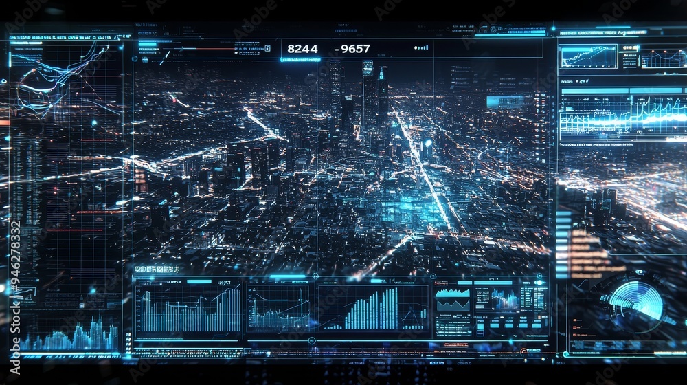 Poster Integrated user interface with a futuristic motion graphic display screen and telemetry information display for a digital background computer desktop display