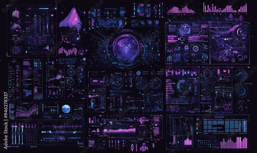 Poster A futuristic user interface with a HUD and infographic elements for a business application