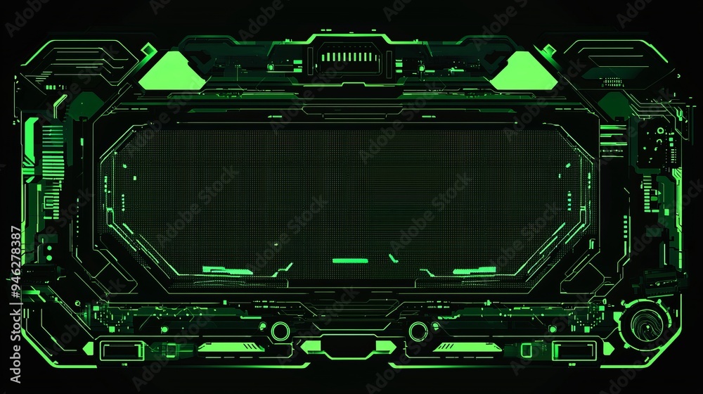 Poster An abstract, hologram background with VHS noise in a high-tech futuristic frame with futuristic elements and poor interference signals.