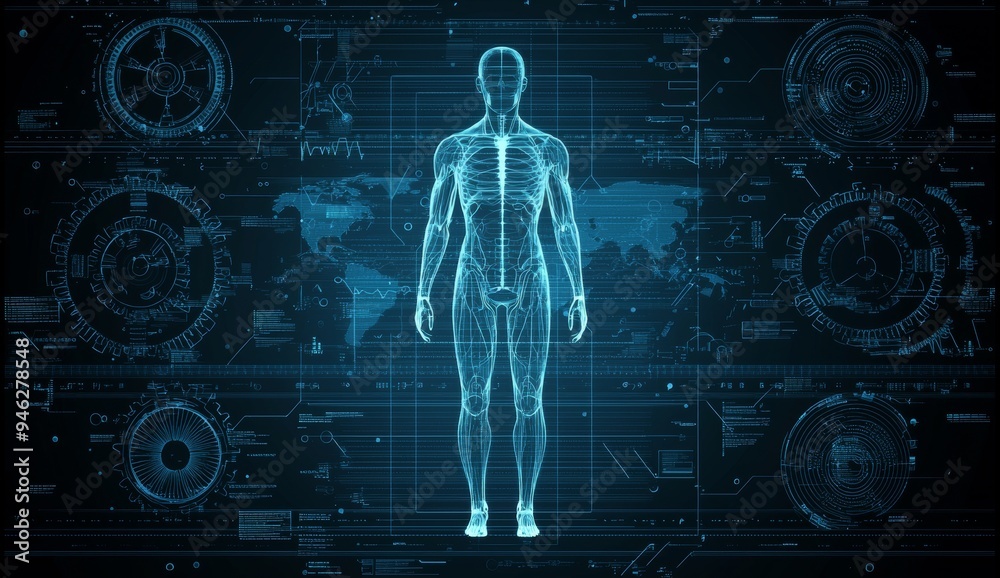 Aufkleber body scan with futuristic holography interface in blue tones for health analysis