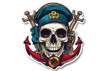 Bold Nautical Skull Sticker Vector with Vibrant Colors and Intricate Details on White Background