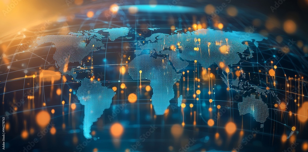 Aufkleber Innovation in technology. Map of continents with large agglomerations. HUD element. 3D illustration with shallow depth of field.