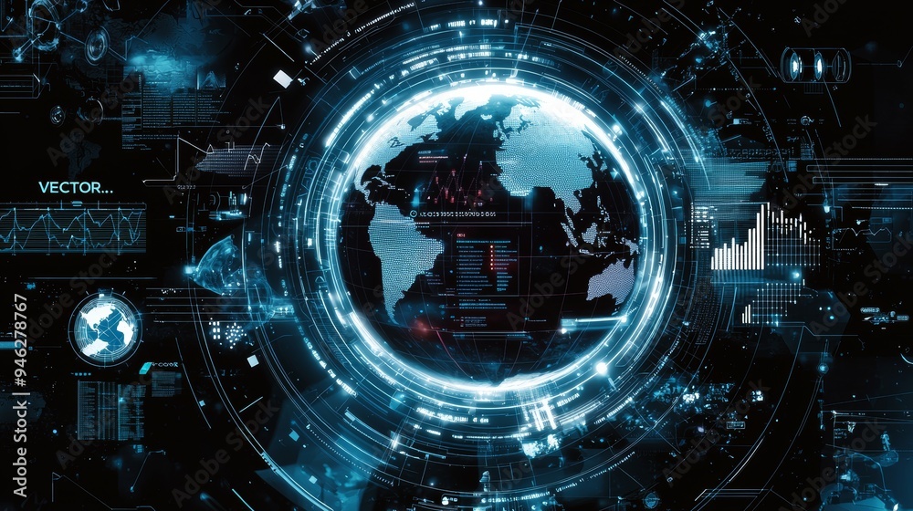 Fototapete 3D illustration of a futuristic user interface dashboard for big data analytics in an information chart. HUD GUI text number graph element for digital technology concept.
