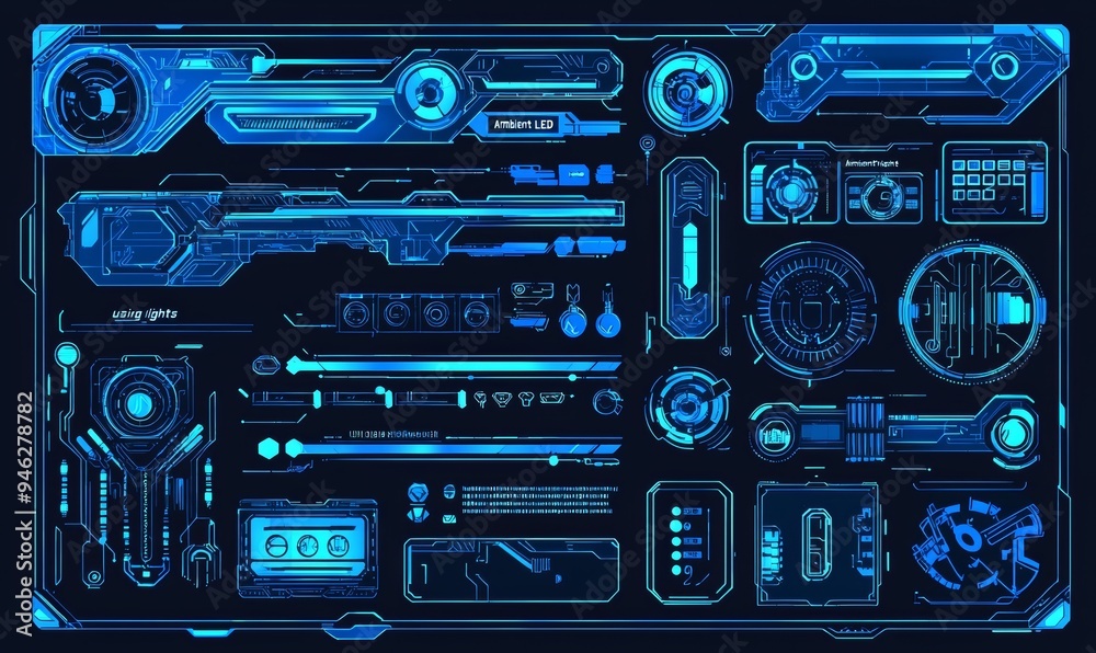 Poster Set of HUD elements. Techno-frames, callouts, information blocks, robotics elements. Cyber techno frame user interface. HUD button dashboard.