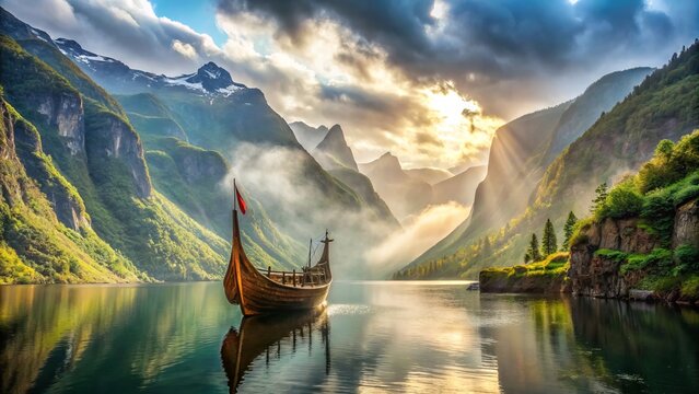 A majestic longship with intricately carved dragon prow sails through misty fjords, surrounded by rugged Nordic mountains and lush green forests, evoking ancient Viking era.