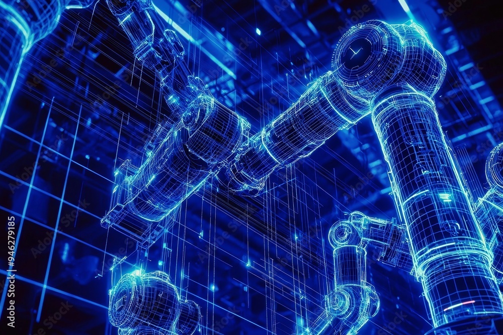 Aufkleber 3D rendering of industrial 4.0 concept animation featuring a robot arm and a hologram display