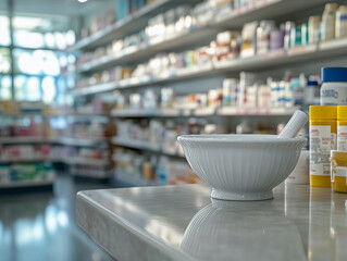 A mortar and pestle positioned on a countertop in a pharmacy filled with various prescription medications and health products. Space for copy.