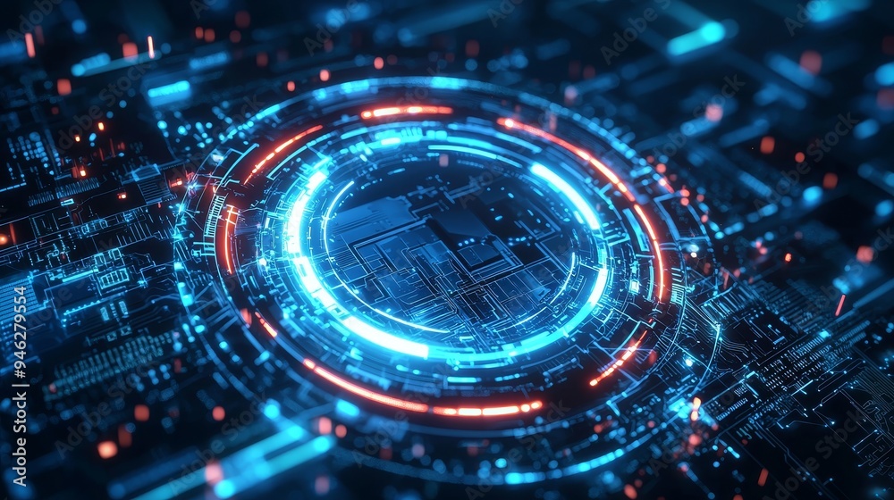 Aufkleber The background of an abstract technology product display is presented as a luminous sci-fi circle circuit hud atop blue dotted data and microchips.