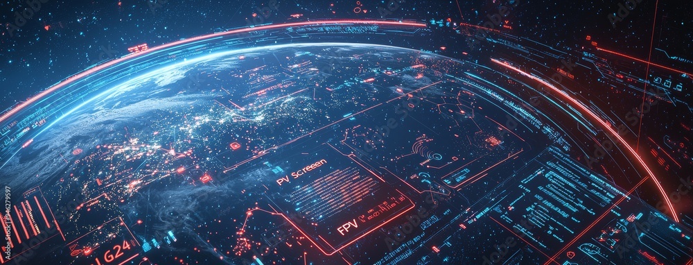 Poster The future is now with futuristic head-up display user interfaces such as 3D global world maps and business data charts. Head-up display dashboards, circular diagrams, and statistics.