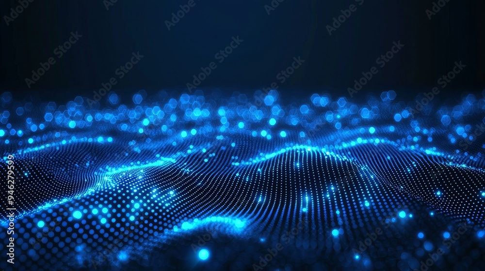 Poster Concept of Cyber Space Grid Area Pattern Texture Information For Screensaver, Game, Background. Blue Flare Screen Digital Information Data Monitoring System Technology Illustration.
