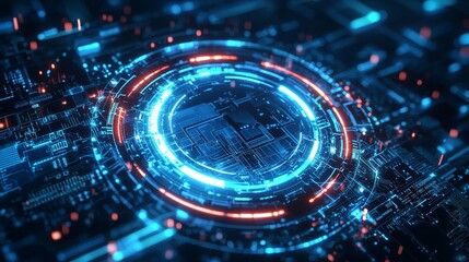 Obraz premium The background of an abstract technology product display is presented as a luminous sci-fi circle circuit hud atop blue dotted data and microchips.