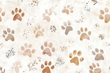 Fototapeta premium Intricate Beige Watercolor Paw Prints with Delicate Patterns on White Background