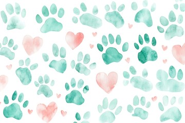 Adorable Mint Green Watercolor Paw Prints with Pink Hearts on White Background