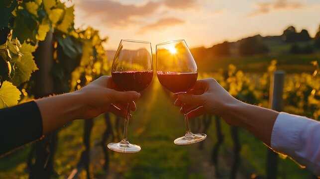 36. A picturesque vineyard with a couple toasting glasses of wine at sunset
