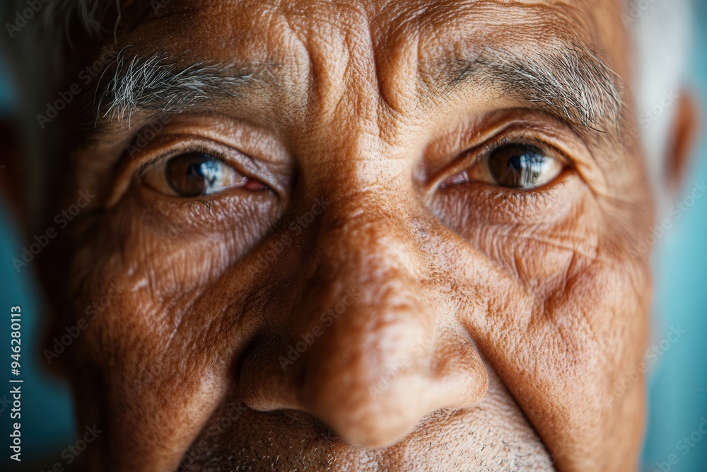 Aufkleber An elderly man showcases wisdom and tranquility with deep-set eyes and gentle wrinkles, highlighting his life experiences in this intimate portrait. Generative AI