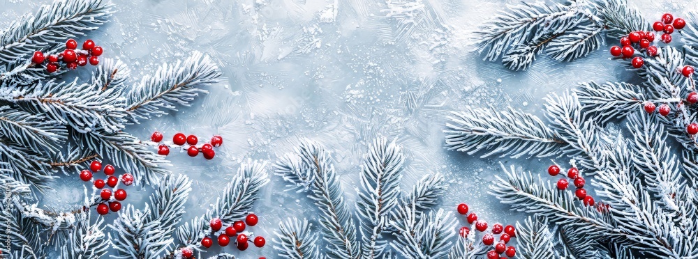 Poster frost-covered branches of red berries frame a snowy board frame. copy space.