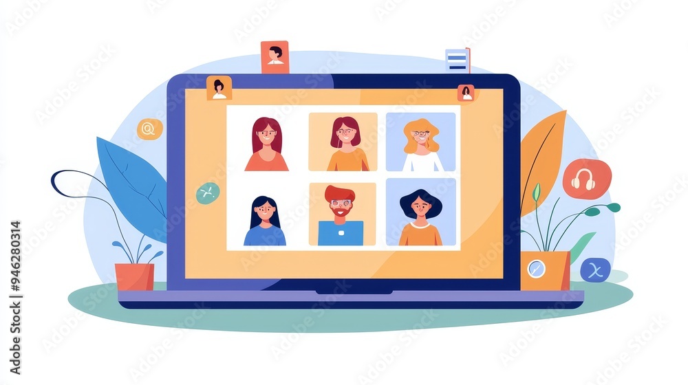 Poster multiethnic young people participating in a video conference meeting to share ideas, brainstorm and 