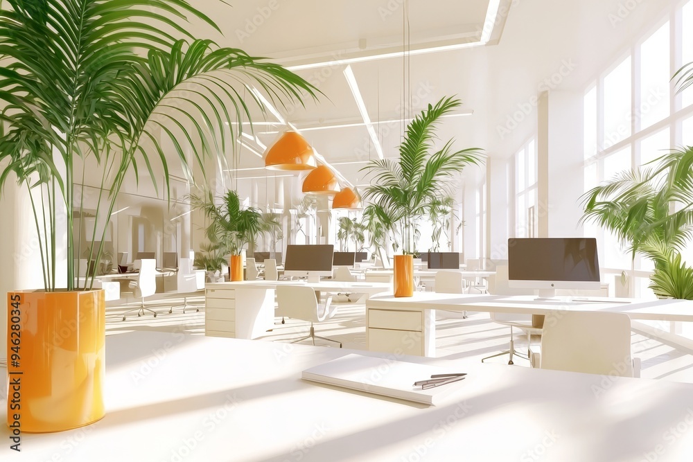 Aufkleber green plants and large windows add to the brightness of the office environment.