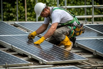 A man fixing solar panels on a metal base, a worker installing solar panels on the roof, and a male installing solar panels during the day.