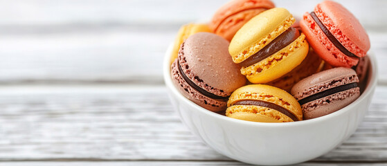Macaroons in bowl on white wooden table close-up, copy space for text