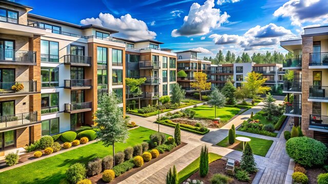 A modern apartment complex with multiple buildings, lush greenery, and outdoor amenities, conveying a sense of community and residential living.