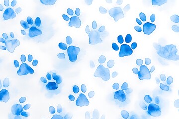Whimsical Pastel Blue Watercolor Paw Prints on White Canvas - Charming and Playful Pattern