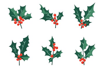 Festive Christmas Holly Leaf Icons in Flat Design Style on White Background