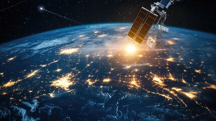 Satellite beams connecting with Earth, digital network, ample space for text