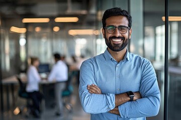 Fototapeta premium Angry Indian Businessman Standing in a Modern IT Company Office with Crossed Arms