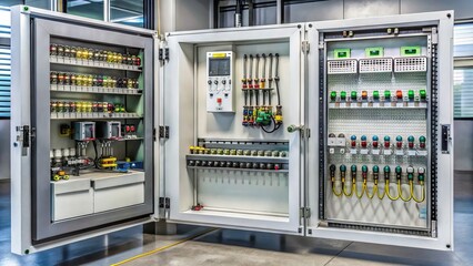 A modern industrial control cabinet with various electronic components, wires, and buttons, housed in a sleek metal enclosure with a glass front panel.
