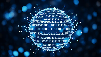 A cloud of binary code numbers forming the shape of a neural network