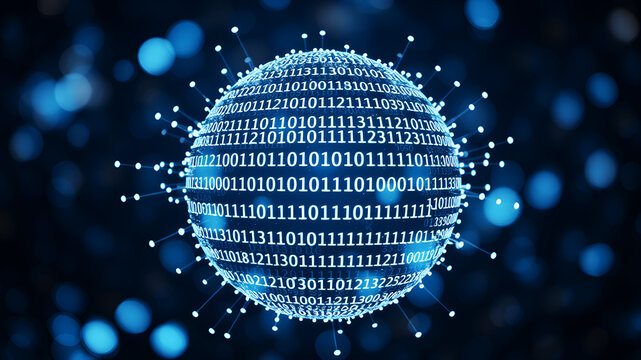 A cloud of binary code numbers forming the shape of a neural network