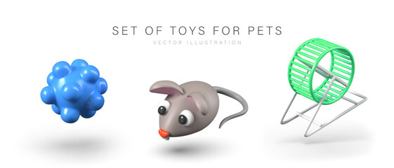 Blue massage ball, gray cute mouse, running wheel. Set of realistic toys for pets