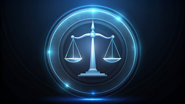 A modern, minimalist illustration of a scales of justice symbol within a circle, surrounded by abstract law and order elements on a dark blue background.