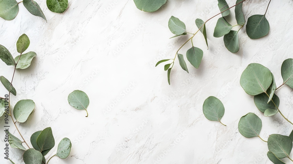 Poster in this mockup, eucalyptus branches are laid out on a pastel gray background with copy space in the 