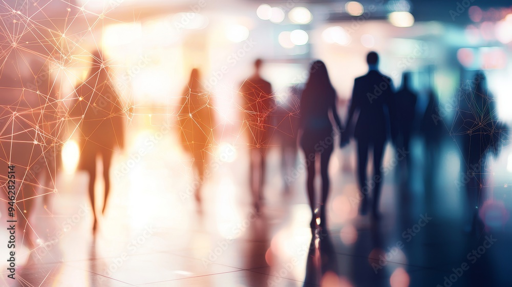 Poster View of a crowd with a network of connections. Concept of big data, smart cities, and wifi.
