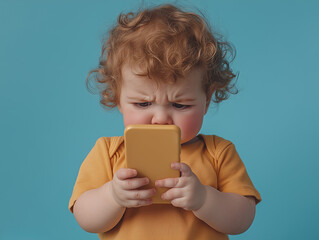 Curious toddler interacting with a yellow smartphone against a bright blue background, concentrating intently on the screen