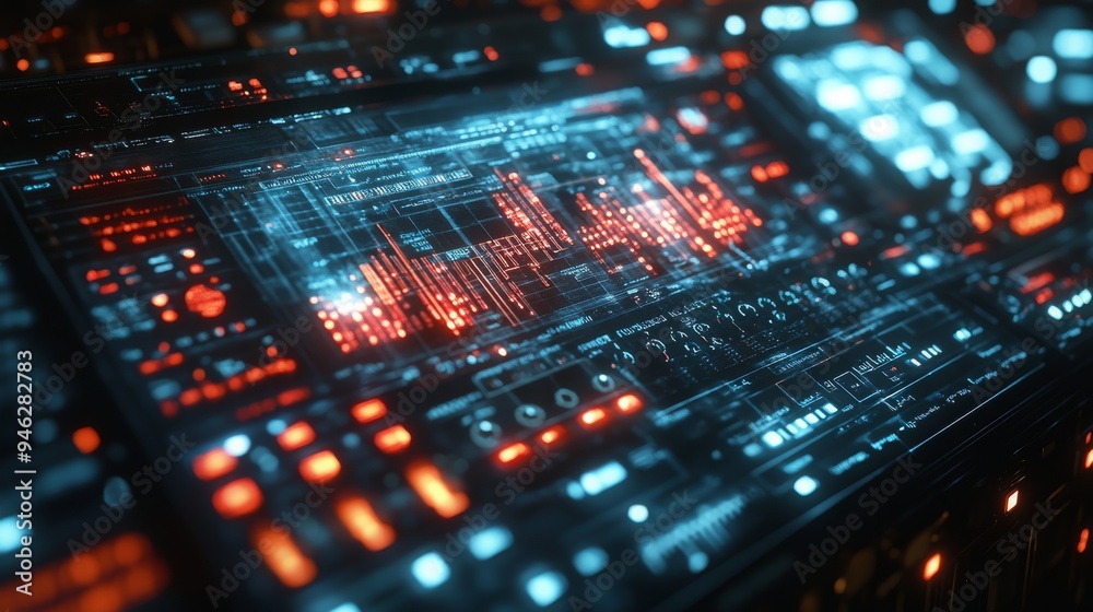 Poster a futuristic holographic interface brings music lessons to life, showcasing colorful data visualizat