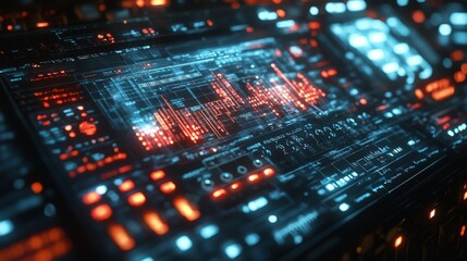 Obraz premium A futuristic holographic interface brings music lessons to life, showcasing colorful data visualizations and interactive elements for learners.