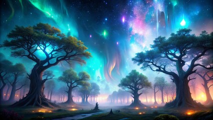 A mystical forest glows with iridescent mist and nebula-like lights, as ancient trees with cybernetic limbs stretch towards a starry, aurora-lit night sky.