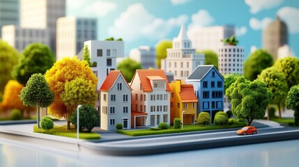 A miniature cityscape with colorful buildings and lush green trees.  The city is surrounded by a blue sky with fluffy clouds.