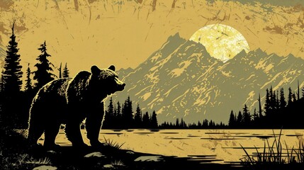 Naklejka premium A grizzly bear standing in front of a mountain range with trees and a lake