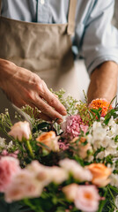 Person arranging flowers in floral shop, close-up view of hands and bloom with blurred background