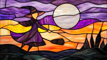 Obraz premium Witch flying on a broomstick across a moonlit sky in stained glass