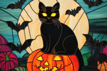 Colorful stained glass image of a black cat with glowing yellow eyes sitting on a pumpkin, surrounded by moonlit bats and spider webs, black cat design, Halloween stained glass art