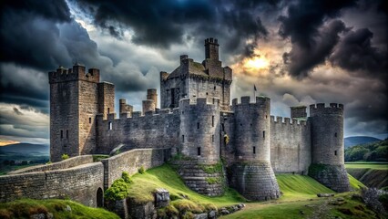Ancient stone castle wall stands strong against a dark and foreboding sky, its crumbling battlements and towers shrouded in mystery and eerie silence.