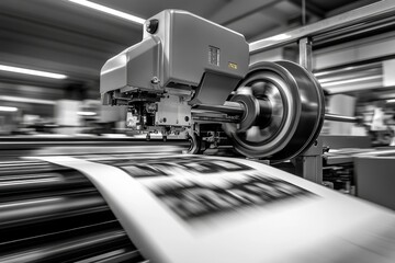 Fototapeta premium High-Speed Printing, Close-up of modern printing press in action, Industrial Precision.