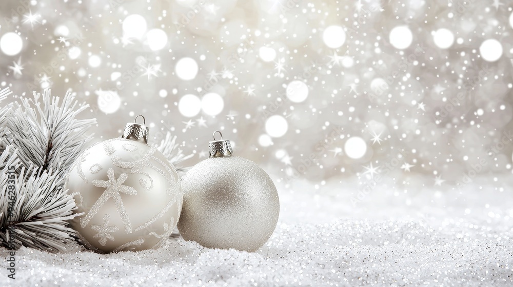 Poster an elegant banner of a colorful ball and snowflake christmas tree with white colour scheme mockup te
