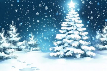 Fototapeta premium Marketing background with winter and christmas tree themes, ornaments and presents, and a snowy feel.